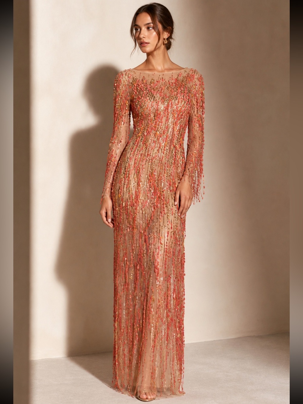 Jenny Packham Nude Sequin Fringe Maxi Dress with Coral and Gold Accents NWT